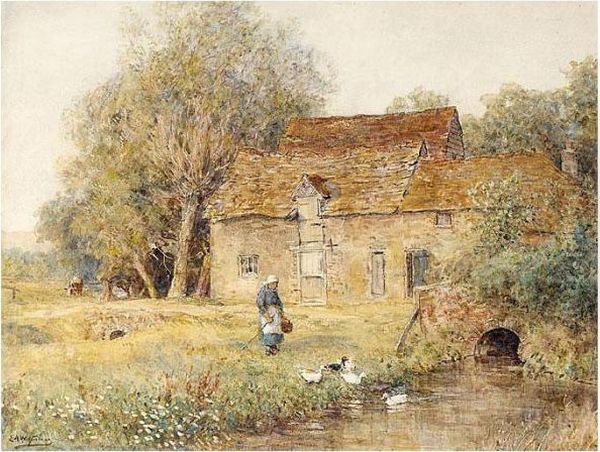 A Woman With Ducks Outside A Cottage Oil Painting by Ernest Albert Waterlow