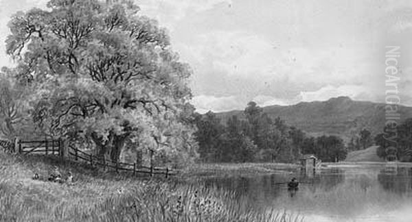 Figures Having A Picnic Beside A Lake In A Mountainouslandscape Oil Painting by Ernest Albert Waterlow