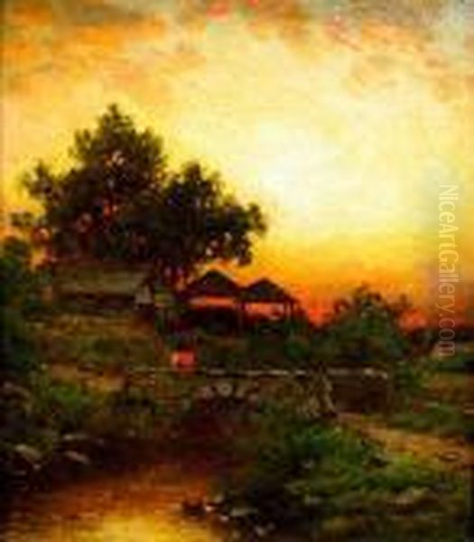 A Figure On A Bridge At Sunset Oil Painting by George W. Waters