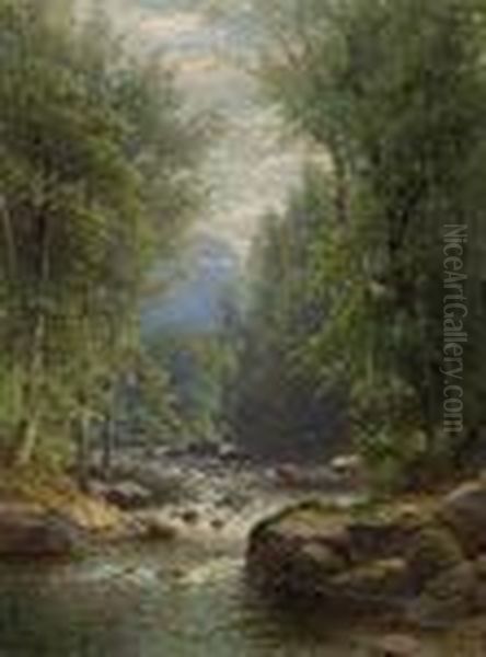 River Landscape In Summer Oil Painting by George W. Waters