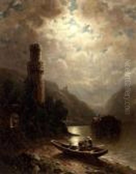 River Crossing By Moonlight. Oil Painting by George W. Waters