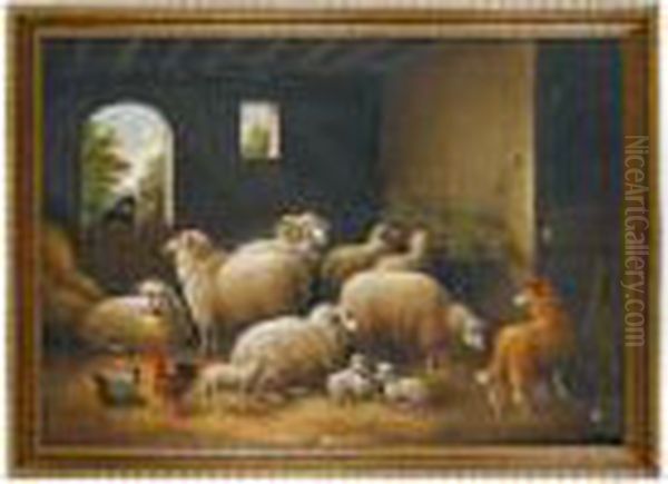 Flock Of Sheep In Stable With Collie Oil Painting by Susan C. Waters