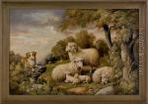 Landscape With Sheep And Dog Oil Painting by Susan C. Waters