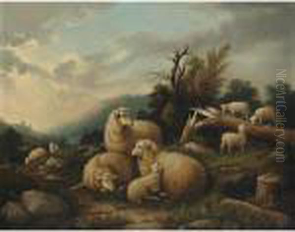 Lambs And Sheep In A Landscape Oil Painting by Susan C. Waters