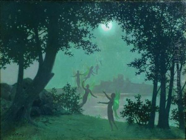 Fairies And Full Moon Oil Painting by Harry Wilson Watrous