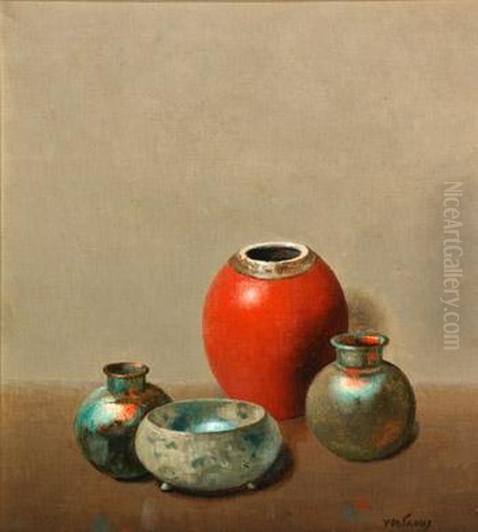 Still Life With Asian Jar And Ancient Glass Oil Painting by Harry Wilson Watrous