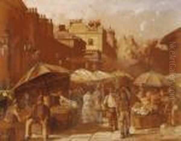 Busy Street Market In Covent Garden Oil Painting by Charles John Watson