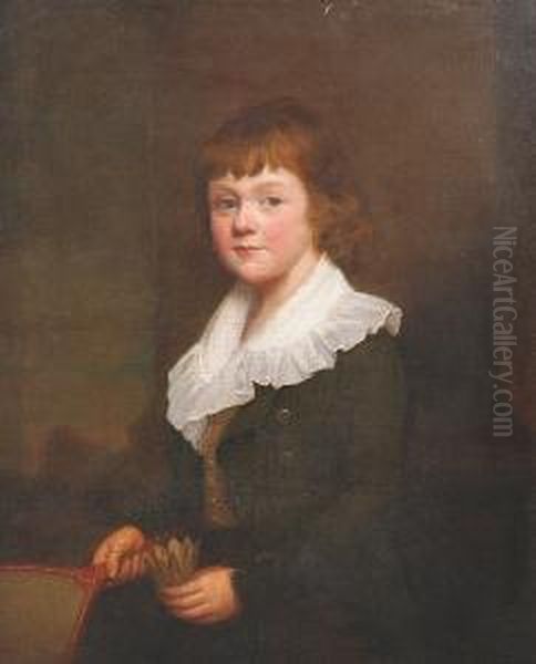 A Portrait Of George Edward 
Russell, As A Boy, Standing Three-quarter Length By A Column, Wearing A 
Green Jacket And A White Shirt, Holding A Battledore And Shuttlecock Oil Painting by George C. Watson