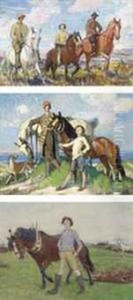 Mary, Hilda And George On Horseback, Studland Oil Painting by George Spencer Watson