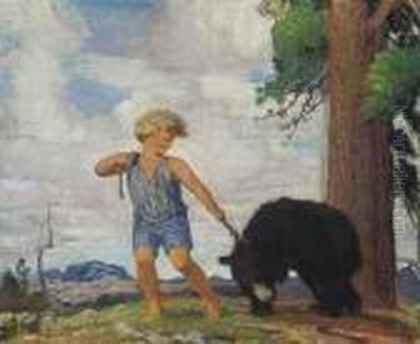 A Child Leading A Bear Oil Painting by George Spencer Watson