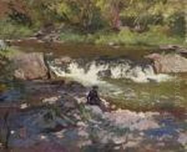 Figures Seated By A River Oil Painting by George Spencer Watson