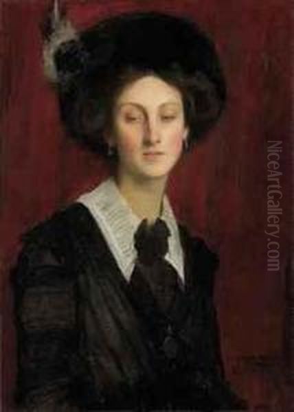 Hilda In A Black Hat Oil Painting by George Spencer Watson