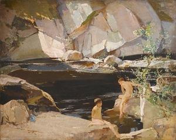 Two Boys Bathing In A Rockpool Oil Painting by Harry Watson