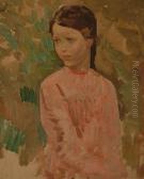 Study Of A Young Girl In A Pink Dress. Oil Painting by Harry Watson