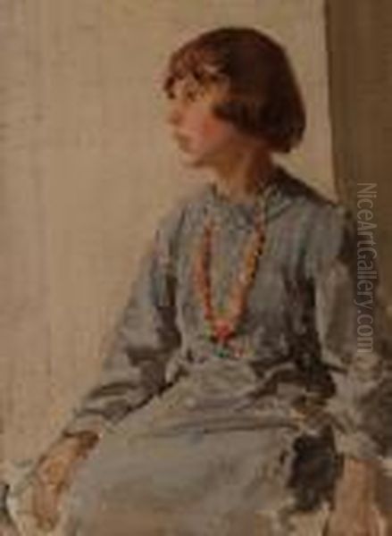 Sudy Of A Young Girl Wearing Coral Beads. Oil Painting by Harry Watson