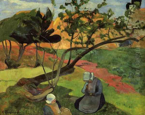 Little Girls Aka Landscape With Two Breton Girls Oil Painting by Paul Gauguin