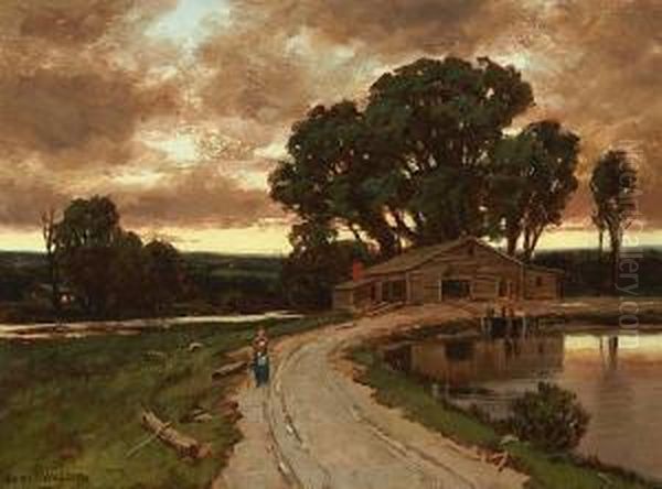 Figure On The Road And Farmhouse At Sunset Oil Painting by Homer Ransford Watson