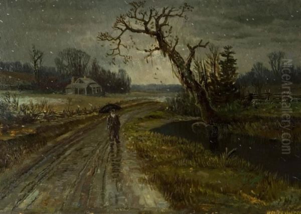 A Rainy Walk. Oil Painting by Homer Ransford Watson