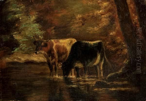 Two Cattle By A Stream. Oil Painting by Homer Ransford Watson