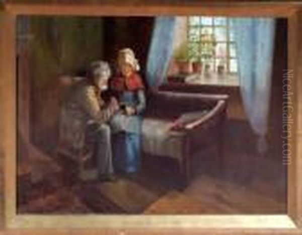 A Cottage Interior With An Elderly Couple Looking At Aphotograph Oil Painting by James Watson