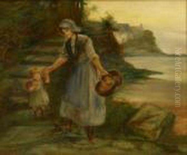 Fishergirl And Child At Runswick Bay Oil Painting by James Watson