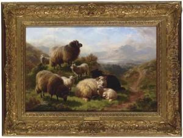 Sheep In A Loch Landscape Oil Painting by William Watson