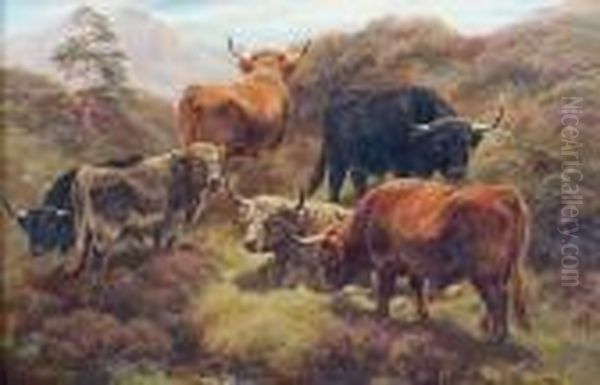 A Herd Of Highland Cattle. Oil Painting by William Watson