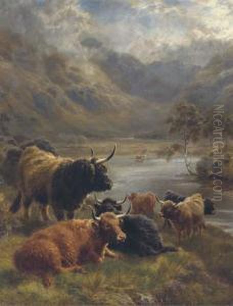 Highland Cattle In A Loch Landscape Oil Painting by William Watson