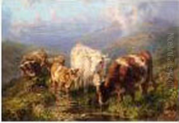 Cattle Watering Oil Painting by William Watson