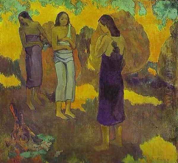 Three Tahitian Women Against A Yellow Background Oil Painting by Paul Gauguin