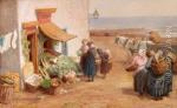 Market Scene With Figures, Coast To Distance Oil Painting by John Dawson Watson