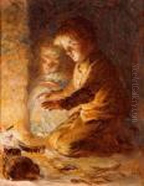 Two Children Warming Themselves By A Fire Oil Painting by John Dawson Watson