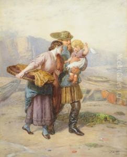 Fisherman, His Wife And Daughter On A Beach Oil Painting by John Dawson Watson