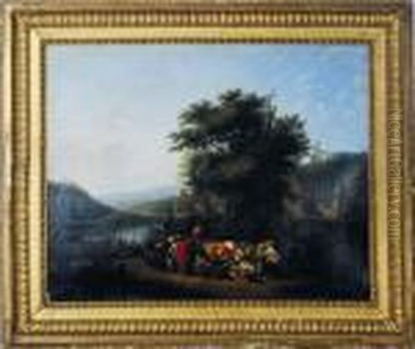 Village Gathering By A River Oil Painting by Louis Joseph, Dit Watteau De Lille