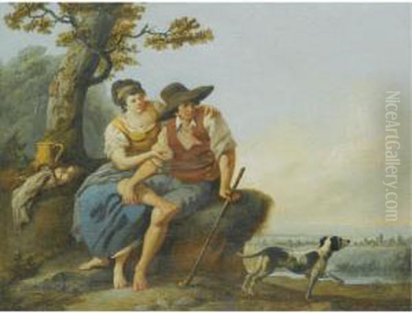 A Milkmaid And A Shepherd In A Landscape Together With Their Dog Oil Painting by Louis Joseph, Dit Watteau De Lille