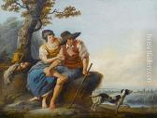 A Young Peasant Couple Resting 
Beneath A Tree With A Dog At Their Side, A View To A Landscape Beyond Oil Painting by Louis Joseph, Dit Watteau De Lille