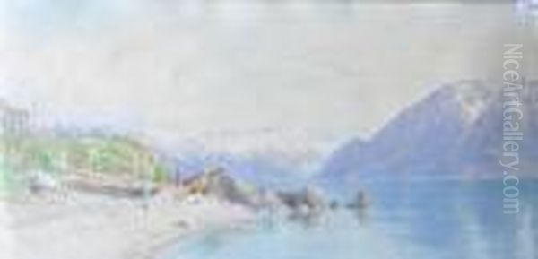 Extensiveitalian Mountain Lake Scene Oil Painting by Charles Jones Way