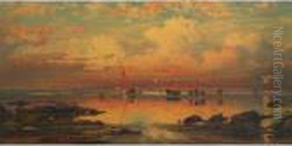 The Anchored Ship At Sunset Oil Painting by Charles Jones Way