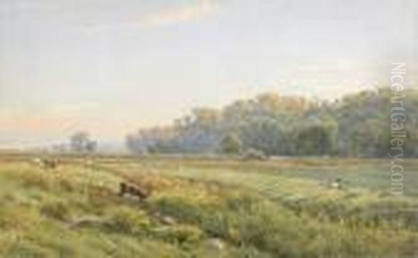 Ebene Landschaft Mit Weidenden Kuhen An Bach. Oil Painting by Charles Jones Way