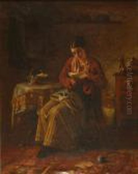 Young Woman Sitting, Reading A 
Letter, Her Knittingforgotten In Her Lap, In A Kitchen Interior Oil Painting by William Harris Weatherhead