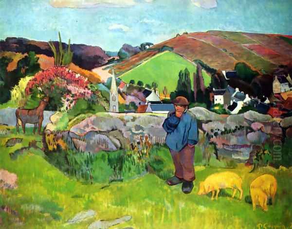 Bretoni landscape with Schweinehirt Oil Painting by Paul Gauguin