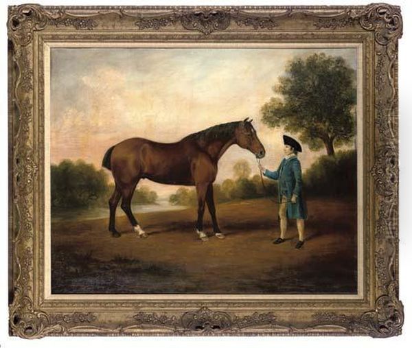 A Gentleman With His Hunter, An Extensive Landscape Beyond Oil Painting by Thomas Weaver