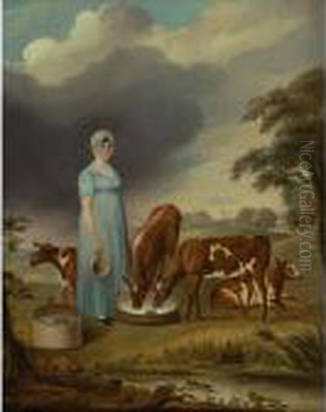 Mrs. Charles Colling Of Ketton With Her Heifer Calves By Comet Oil Painting by Thomas Weaver