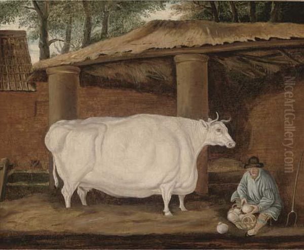 A Cow And A Farmer By A Barn Oil Painting by Thomas Weaver