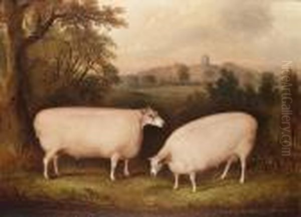 Two Leicester Rams In A Landscape Oil Painting by Thomas Weaver