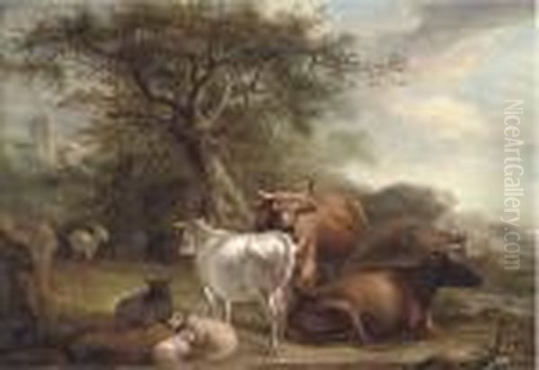 Cattle And Sheep In A Landcape Oil Painting by Thomas Weaver