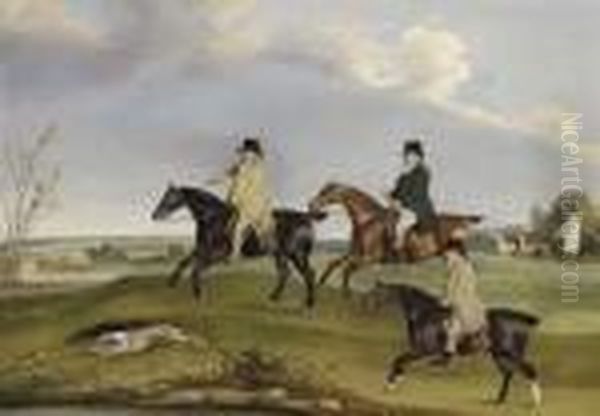 Mr. Jeremiah Whitehead, Mr. Cawlishaw, And Mr. Yates Coursing In Alandscape Oil Painting by Thomas Weaver