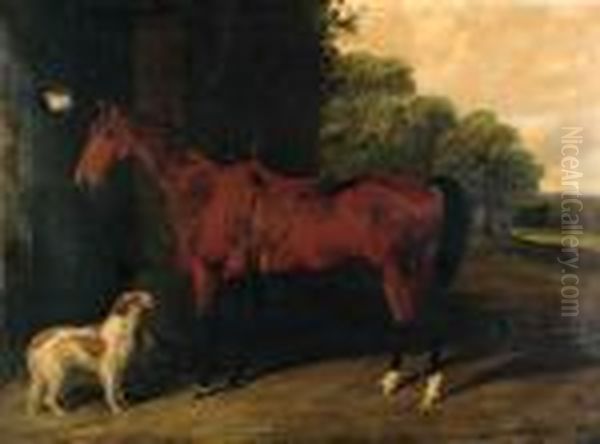 A Saddled Bay Hunter, With Dogs Outside A Stable Oil Painting by Byron Webb