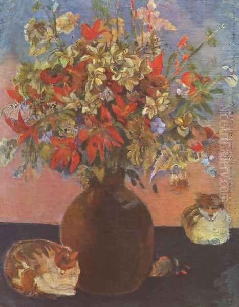 Flowers and cats Oil Painting by Paul Gauguin