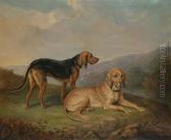 Bloodhounds In A Landscape. Oil Painting by William Webb